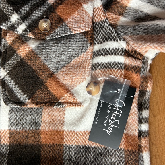 CoffeeShop New York Plaid Shirt Jacket Shacket Brown Neutral Button Front Large - Picture 4 of 8